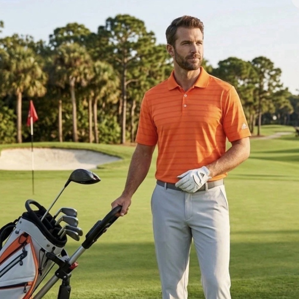 Adidas Golf Polo Shirt Mens Large Climalite Performance Orange Ribbed SS